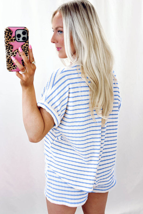 Stripe Knitted Short Sleeve Top and Drawstring Shorts Set